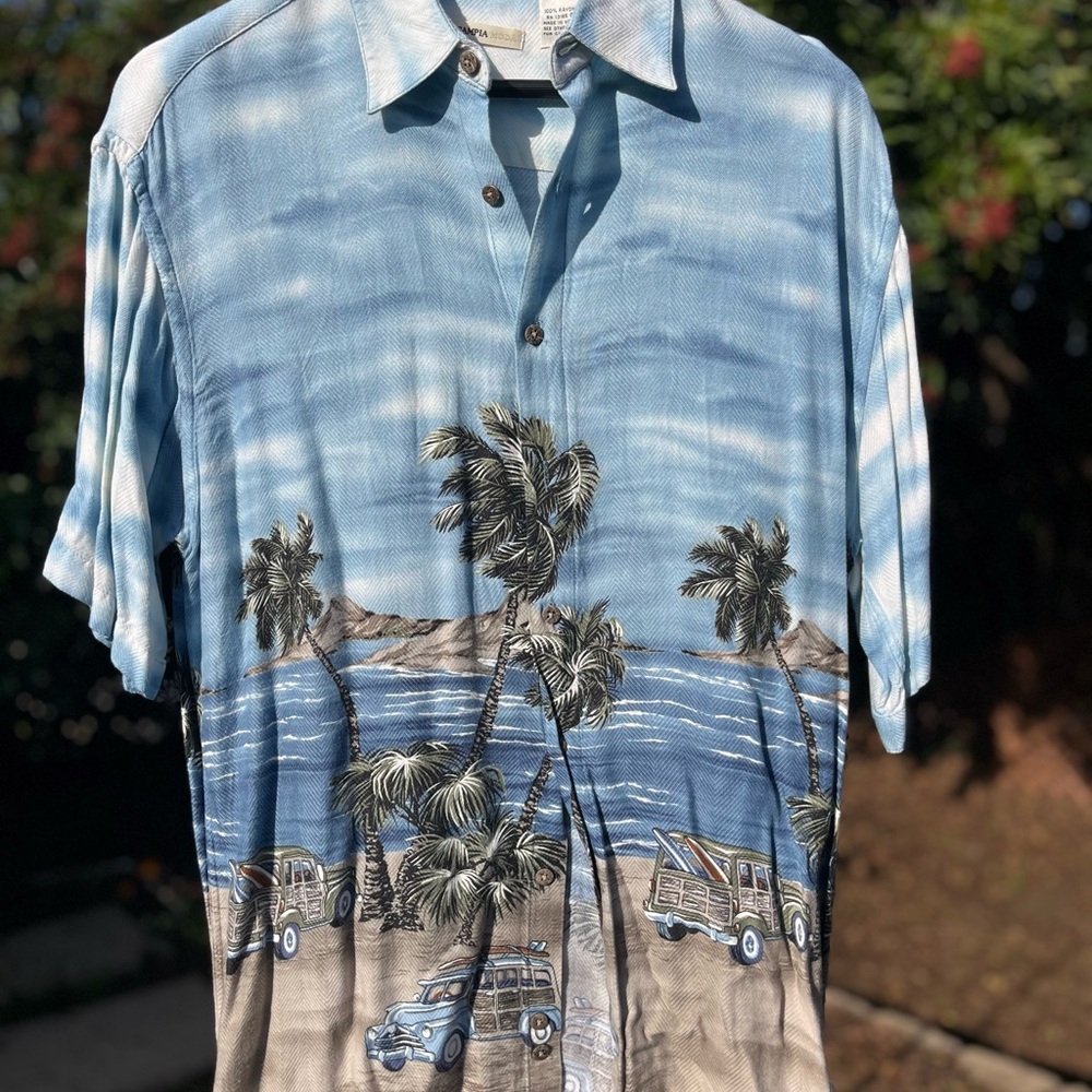 Blue and Brown Casual Button Down Shirt with Tropical Print